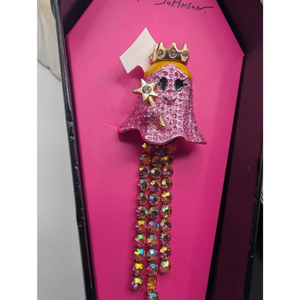 Betsey Johnson Pink Glitter Ghost Brooch Pin Crown Wand Rhinestone Dangle Coffin
